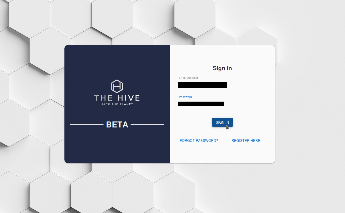 Hive Login Screen