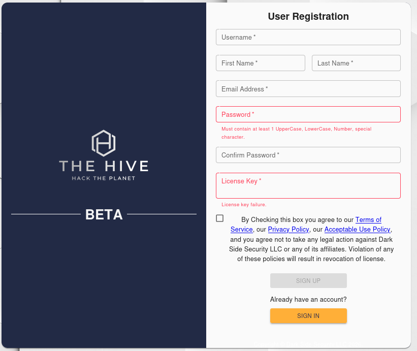 Hive Login Screen